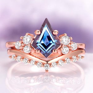 Kite Alexandrite Ring Set- 14K Rose Gold Vermeil Ring Set- Alexandrite Engagement Ring Promise Ring June Birthstone Unique Ring Gift For Her