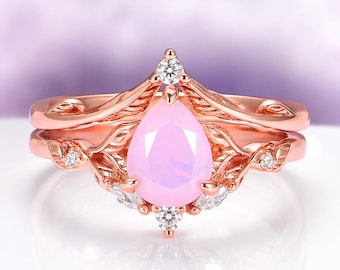 Opalescent Pink Sapphire Ring Set For Women- Unique Leaf Engagement Ring- 14K Rose Gold Vermeil- Promise Ring For Her- Anniversary Gift Idea