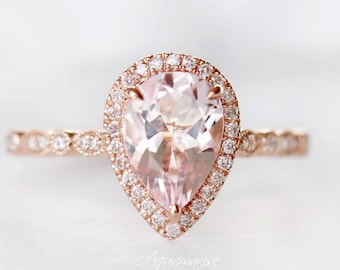 14K Solid Rose Gold Teardrop Morganite Ring- Engagement Ring- Promise Ring- Pear Morganite Diamond Engagement Ring-Anniversary Gift For Her