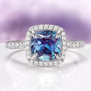 Cushion Cut Alexandrite Engagement Ring in Sterling Silver- Color Changing Unique Elegant Promise Ring June Birthstone Birthday Gift For Her