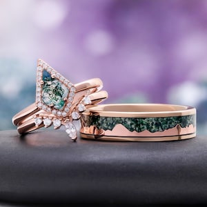 Moss Agate Couples Ring Set – Rose Gold Vermeil, Tungsten Mountain Wedding Bands