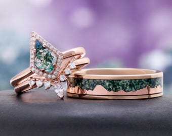 Moss Agate Couples Ring Set – Rose Gold Vermeil, Tungsten Mountain Wedding Bands