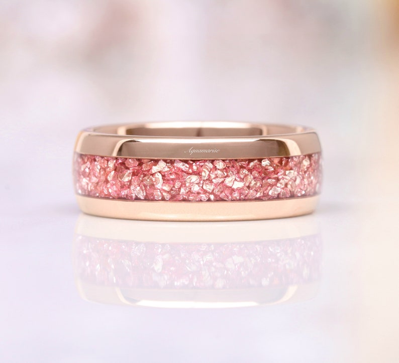 Morganite Mens Wedding Band Rose Gold Tungsten 8mm Crushed Pink Stone Inlay image 10