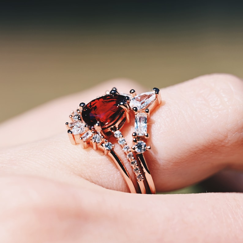 Natural Garnet Ring Set Red Garnet Engagement Ring Sets for Woman ...