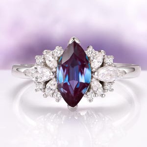 Marquise Alexandrite Engagement Ring in 925 Sterling Silver- Color Changing Promise Ring- Nature Inspired- June Birthstone- Anniversary Gift