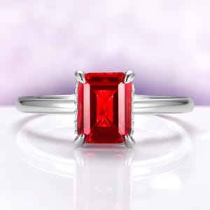 Tourmaline Ring Simulated Raspberry Red Emerald Cut Hidden Halo Engagement Ring Sterling Silver