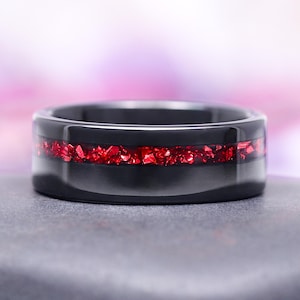 Crushed Red Garnet Mens Wedding Band- Red & Black Ring for Him- Black Tungsten 8mm Mens Ring- Polished Comfort Fit- Red Gemstone Ring