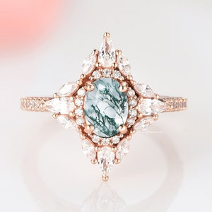 Stella Natural Moss Agate Engagement Ring For Women Alternative Engagement Ring Nature Inspired Ring Anniversary Rings 14K Rose Gold Vermeil