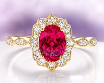 Vintage Ruby Engagement Ring For Women 14K Yellow Gold Vermeil Red Gemstone Unique Promise Ring For Her- July Birthstone Statement Rings