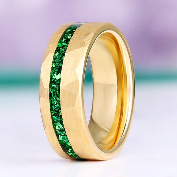Emerald Mens Wedding Band 8mm Gold Tungsten Carbide Hammered Comfort Fit Ring