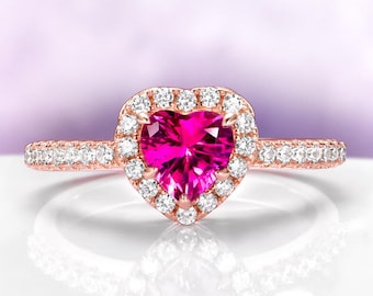 Ruby Engagement Ring, Heart Promise Ring, Pink Ruby Halo Ring, Rose Gold Heart Cut Sapphire Ring