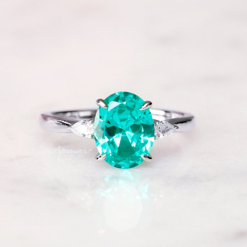 Oval Paraiba Tourmaline Ring Sterling Silver Engagement Ring For Women Promise Ring Neon Turquoise Teal Gemstone Ring October Birthstone image 1