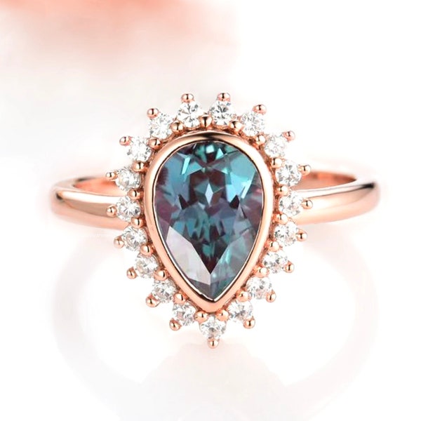 Anna Teardrop Alexandrite Ring- 14K Rose Gold Vermeil- Alexandrite Engagement Ring- Promise Ring June Birthstone Unique Ring - Gift For Her