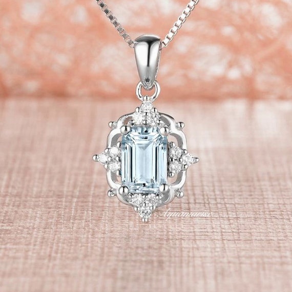 Emerald-Cut Aquamarine and White Lab-Created Sapphire Pendant in Sterling  Silver | Zales