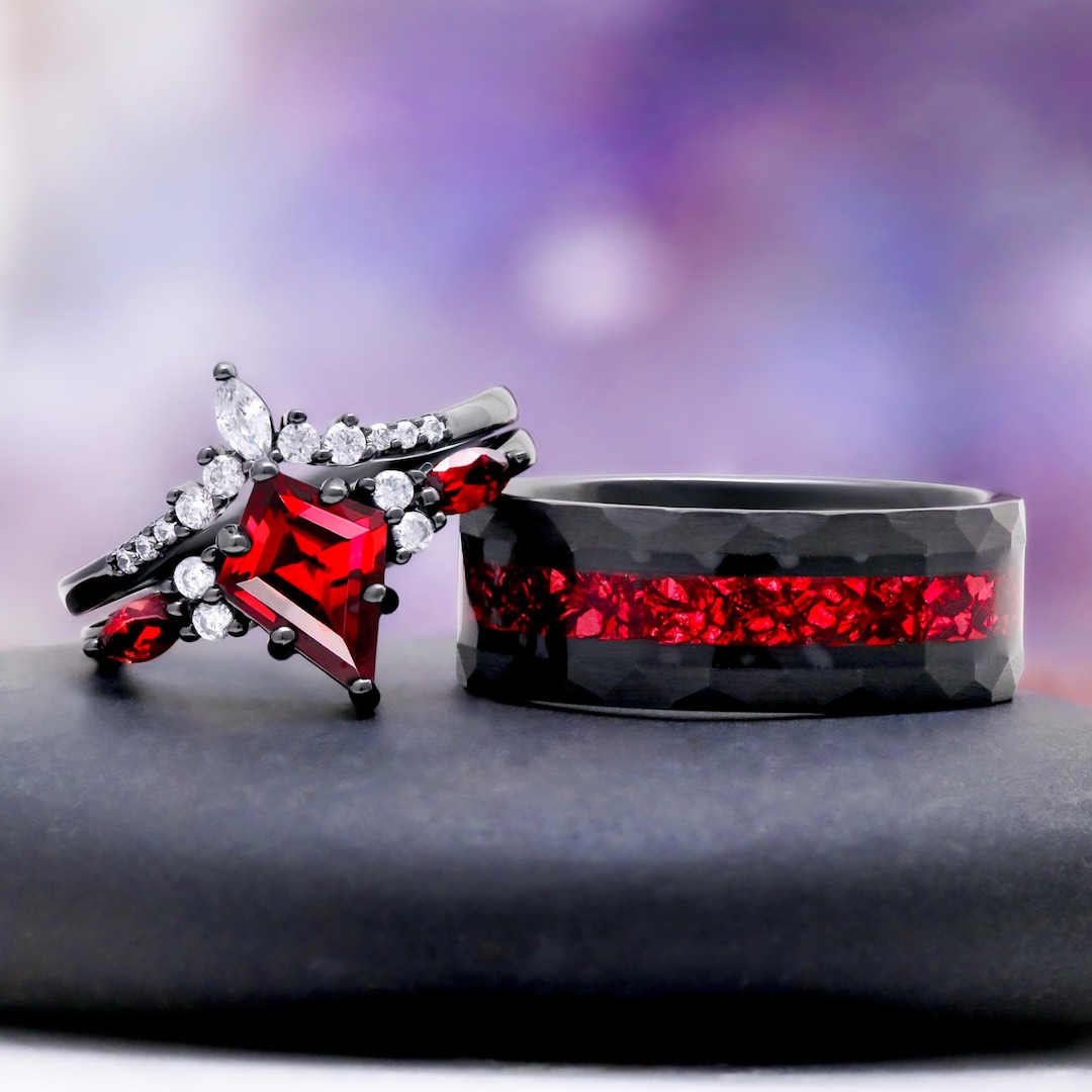 Skye Natural Red Garnet Couples Ring Set- His and Hers Matching