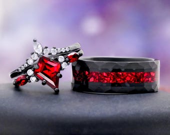Skye Natural Red Garnet Couples Ring Set- His and Hers Matching Wedding Band- Hammered Red & Black Tungsten Couples Ring Unique Promise Ring