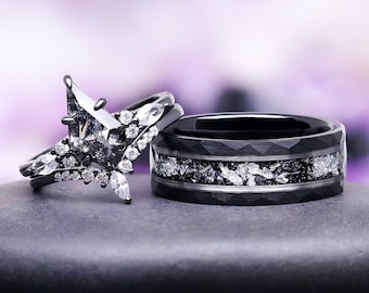 Conjunto de anillos para parejas Skye Kite® Galaxy con diamante Herkimer y meteorito: anillos de boda a juego para él y para ella, de plata de ley y tungsteno.