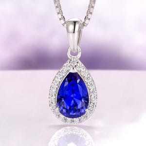 Teardrop Sapphire Necklace in 925 Sterling Silver- Blue Gemstone Pear Cut Bridal Necklace- September Birthstone- Anniversary Birthday Gift