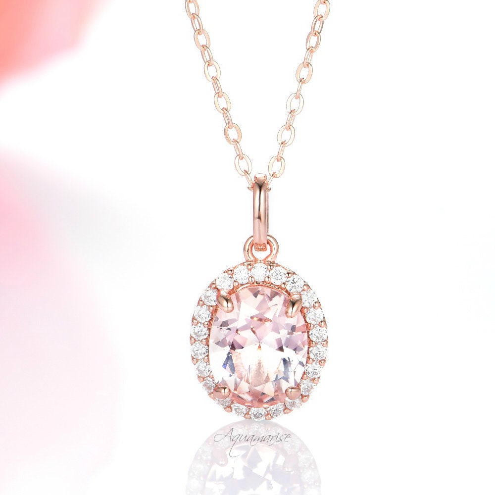 Halo Oval Morganite Necklace 14K Rose 