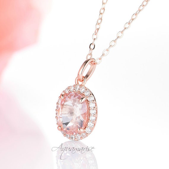 Halo Oval Morganite Necklace 14K Rose 