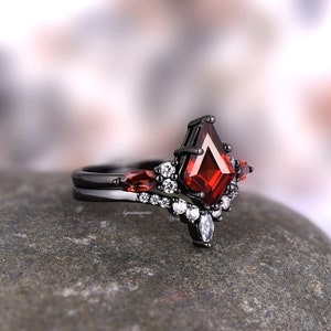 Skye Natural Red Garnet Couples Ring Set His and Hers Matching Wedding Band Hammered Red & Black Tungsten Couples Ring Unique Promise Ring image 9