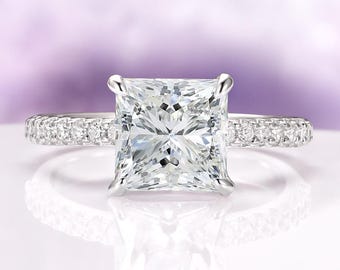 Simulated Diamond Engagement Ring Princess Cut 8mm CZ Minimalist Sterling Silver