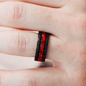 Skye Natural Red Garnet Couples Ring Set His and Hers Matching Wedding Band Hammered Red & Black Tungsten Couples Ring Unique Promise Ring image 8