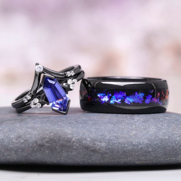 Galaxy Orion Nebula & Tanzanite Couples Ring- His and Hers Ring Set- Black Purple Matching Wedding Bands - Outer Space Starry Couples Ring