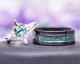 Kite Green Moss Agate Ring Set For Couples- His and Hers Wedding Band Silver & Black Tungsten Wedding Band Ring Matching Nature Promise Ring