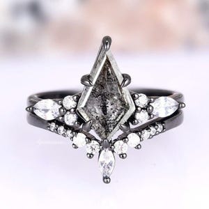 Skye Galaxy Raw Salt & Pepper Diamond Ring- Kite Cut Diamond Engagement Ring Set Unique Bridal Geometric Diamond Promise Ring Black Filled