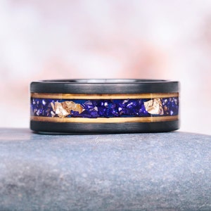 Blue Sapphire & Gold Leaf Mens Wedding Band- Blue Sapphire Ring- 8mm Two Tone Tungsten Ring- Nature Inspired Matte Black Gold Accent
