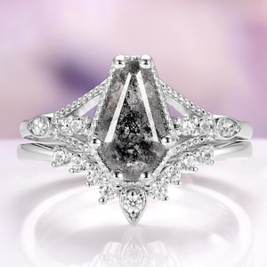 Art Deco Herkimer Diamond Ring Set – Coffin Cut Salt and Pepper Sterling Silver