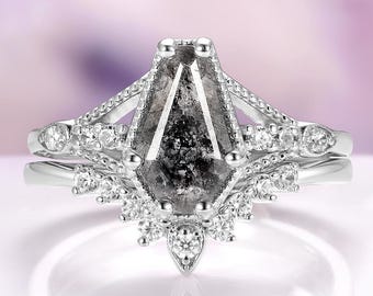 Galaxy Raw Salt and Pepper Diamond Ring- Coffin Cut Natural Herkimer Diamond Engagement Ring-Bridal Ring Set- Promise Ring Sterling Silver
