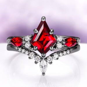 Skye Natural Red Garnet Kite Ring Set- Black Filled Sterling Silver Engagement Ring For Woman- Unique Red Gemstone Promise Ring For Her