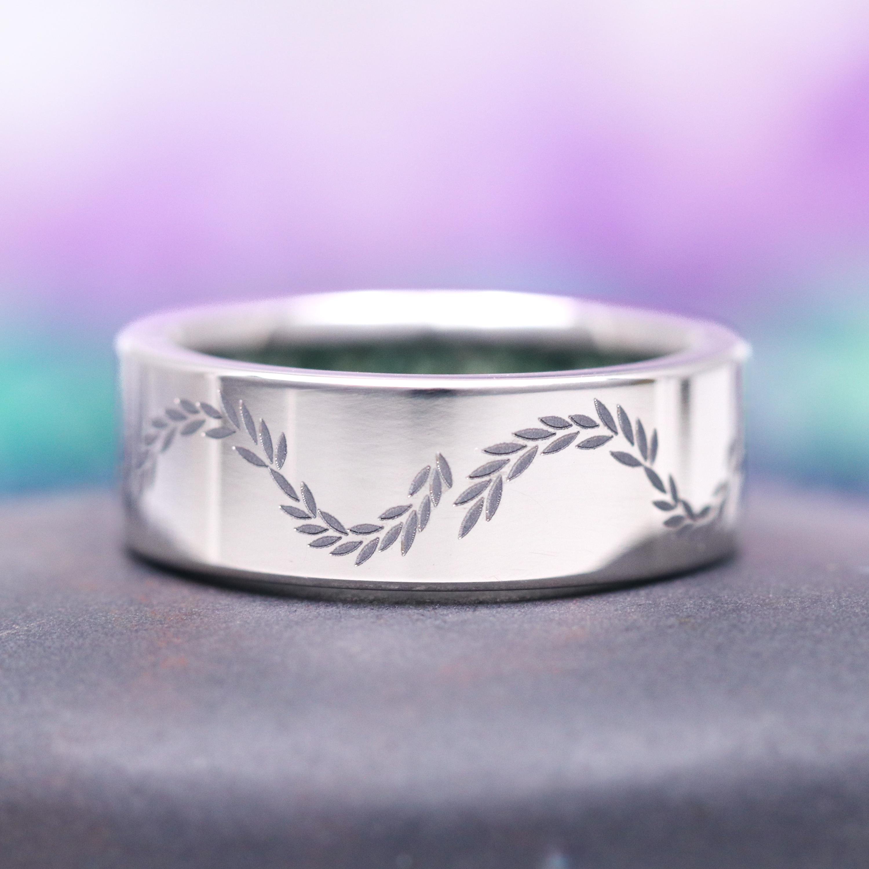 Crushed Moss Agate Leaf Wedding Band- 8MM Titanium Men's Nature-Inspired Polished Comfort Fit Wedding Ring- Unique Anniversary Gift for Him