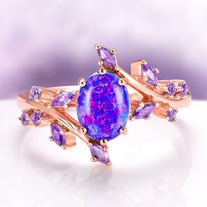 Starry Night Fire Opal & Cornflower Sapphire Engagement Ring For Women- 14K Rose Gold Vermeil Van Gogh Leaf Ring For Her Unique Promise Ring