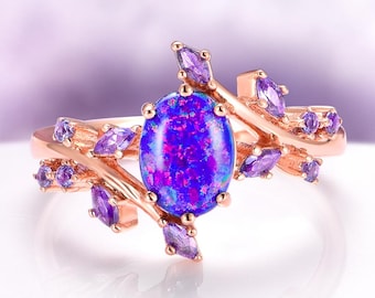 Opal Engagement Ring Lab Created Blue Fire Opal Starry Night® 14K Rose Gold Vermeil
