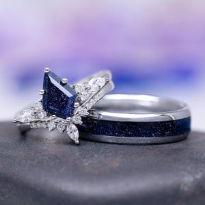 Skye Starry Night Couples Ring Set- His and Hers Galaxy Sandstone Orion Nebula Wedding Band  Unique Matching Couples Promise Ring Set