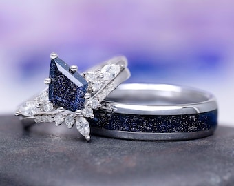 Skye Starry Night Couples Ring Set- His and Hers Galaxy Sandstone Orion Nebula Wedding Band  Unique Matching Couples Promise Ring Set