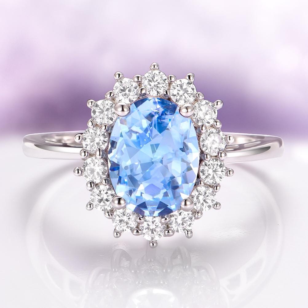 Oval Aquamarine Ring in 925 Sterling Silver- Princess Diana 2 Carat Engagement Ring- Promise Ring March Birthstone Anniversary Gift For Her