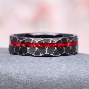 Crushed Red Garnet Men&#39;s Dragon Wedding Band- Tungsten Carbide Hammered Ring- 6mm Mens Wedding Ring Unique Birthstone Promise Ring For Him