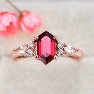 Hexagon Ruby Ring 14K Rose Gold Vermeil Gemstone Engagement Ring For Women -Dainty Promise Ring July Birthstone Anniversary Gift For Her