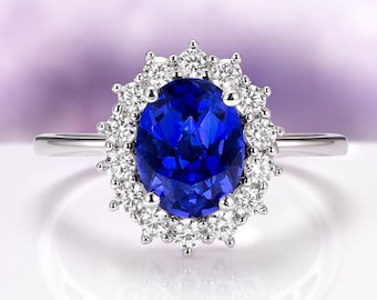 Sapphire Engagement Ring Lab Grown Blue Oval Halo Sterling Silver Vintage Style