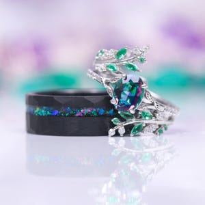 Mystic Topaz & Galaxy Opal Leaf Couples Ring Set- His and Hers Matching Wedding Bands- Unique Nature Silver/Black Tungsten Rings for Couples