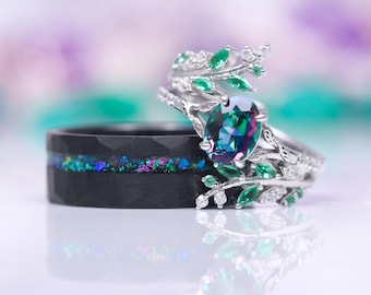 Mystic Topaz Galaxy Opal Leaf Couples Ring Set- His and Hers