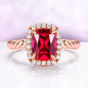 Ruby Engagement Ring – Cushion Cut Ruby Halo Ring – July Birthstone Ring – Rose Gold Ruby Ring – Vintage Ruby Ring