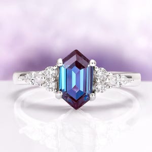 Hexagon Alexandrite Engagement Ring in 925 Sterling Silver- Unique Vintage Alexandrite Promise Ring June Birthstone Anniversary Gift For Her