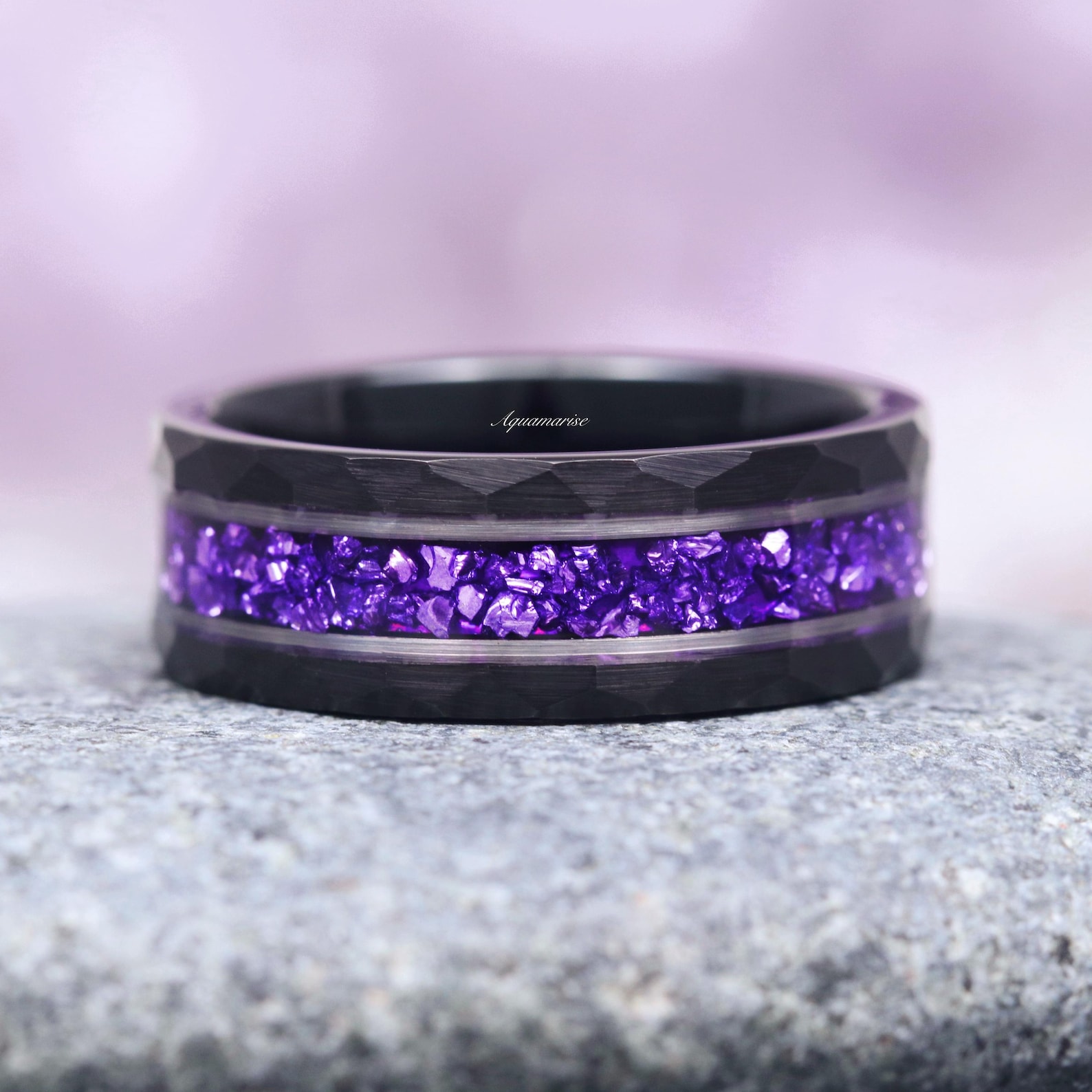 Crushed Amethyst Men's Wedding Band- 8MM Hammered Black Tungsten Crushed Amethyst Men's Wedding Band- 8MM Hammered Black Tungsten