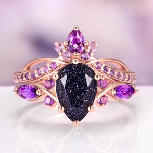 Feyra Starry Night & Amethyst Engagement Ring Set- 14K Rose Gold Vermeil Blue Sandstone Unique Galaxy Promise Ring Outer Space Ring For Her