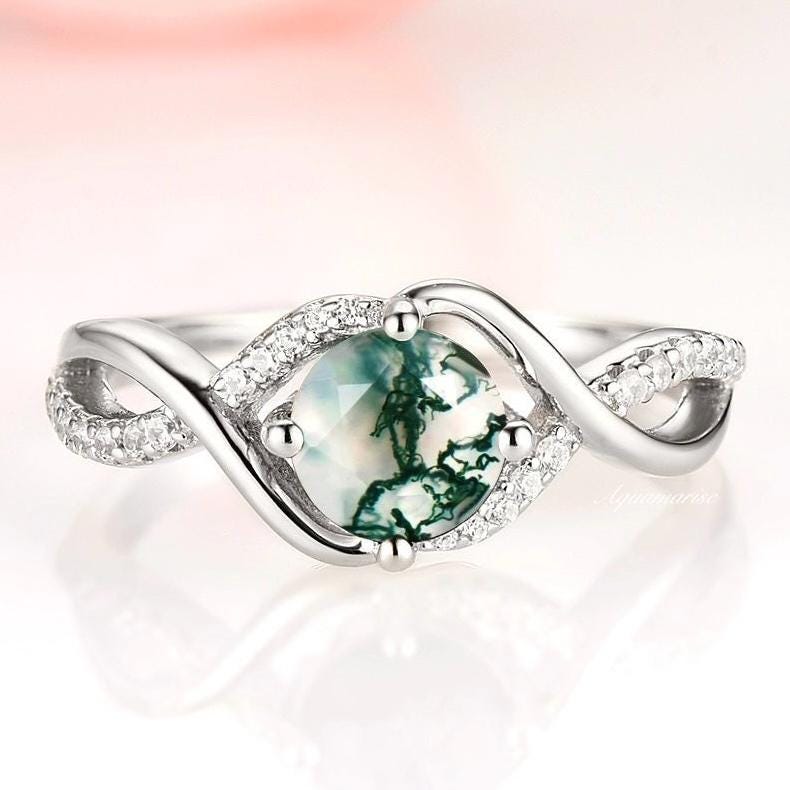 Natural Green Moss Agate Ring Sterling Silver Aquatic Agate Engagement Rings For Women Twisted Vine Promise Ring Green Gemstone Gift For Her